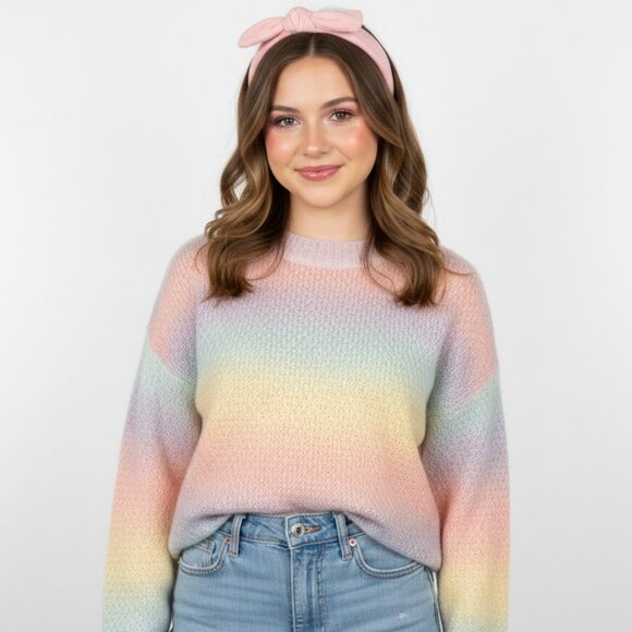 AMOLI Pastel Sherbet Sweater | Fuzzy Brushed Wool Blend Rainbow Pullover S/M NWT - Picture 1 of 7